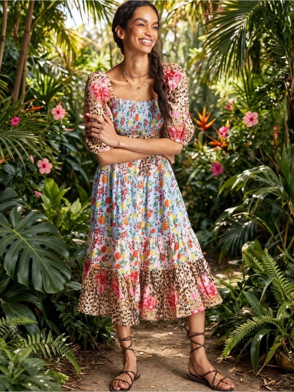 Anthropologie Place National linen floral print midi dress size medium NWOT